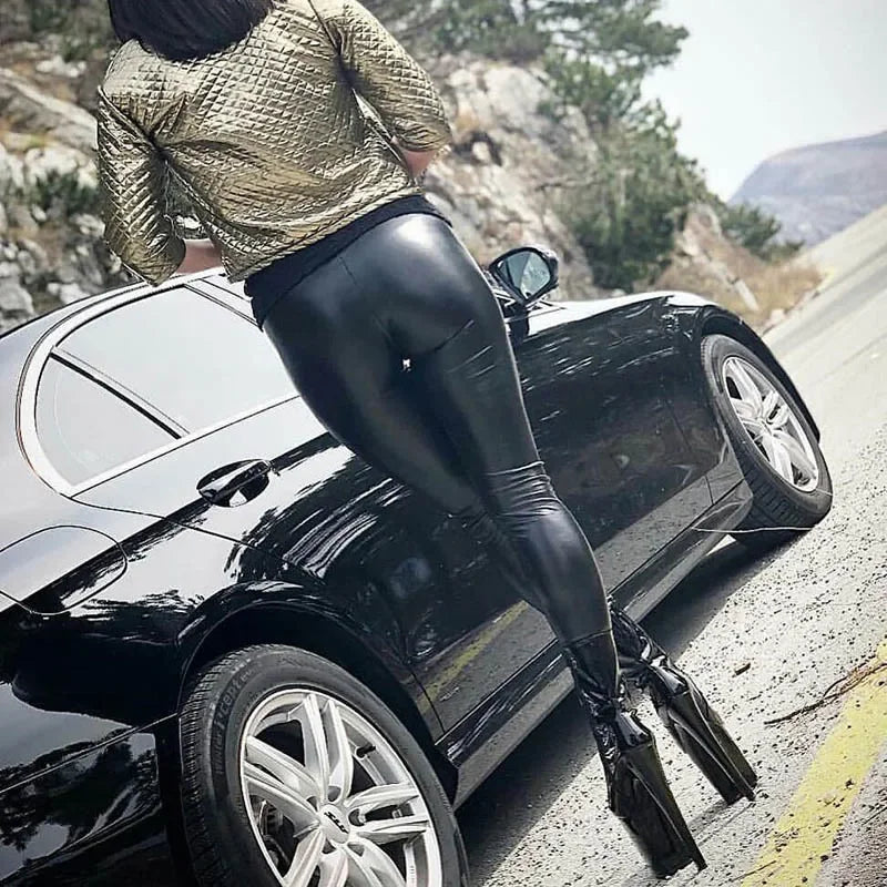 Schwarze Sexy PU Leggings Damen Hohe Taille Skinny